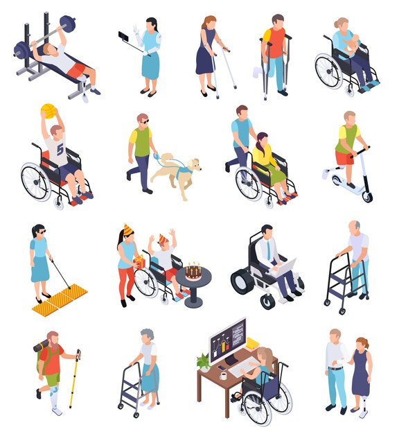 Personas discapacitadas masculinas y femeninas que trabajan caminando haciendo deportes iconos isométricos aislados en fondo blanco ilustración vectorial 3d