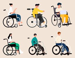Vector gratis personas discapacitadas con variedad de actividades en silla de ruedas, usan teléfonos inteligentes o trabajan en una computadora portátil en un personaje de dibujos animados