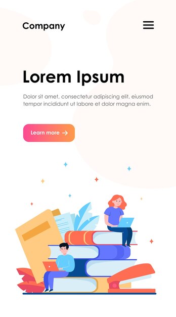 Personas enfocadas que estudian en la plantilla web de la escuela en línea. Niño pequeño y niña sentada con computadoras portátiles en una gran pila de libros