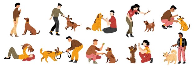 Personas entrenando perros abrazan y juegan con cachorros
