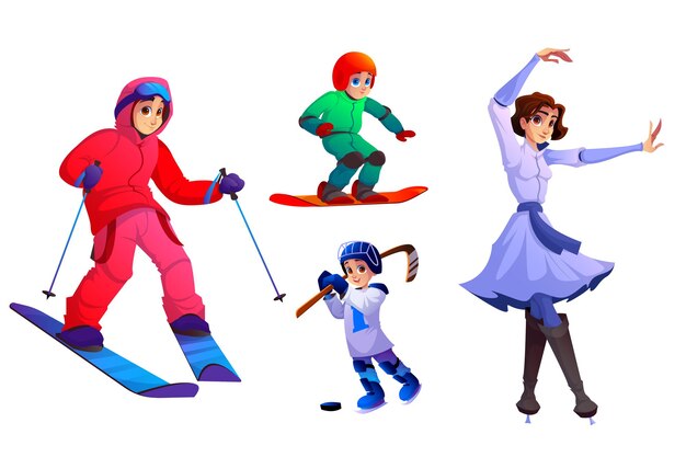 Personas con esquí, snowboard, patines, palo de hockey y puck. Conjunto de dibujos animados de vector de personajes con equipo de deportes de invierno para montar sobre nieve y hielo. Hombre esquiador, niño snowboarder y mujer patinador