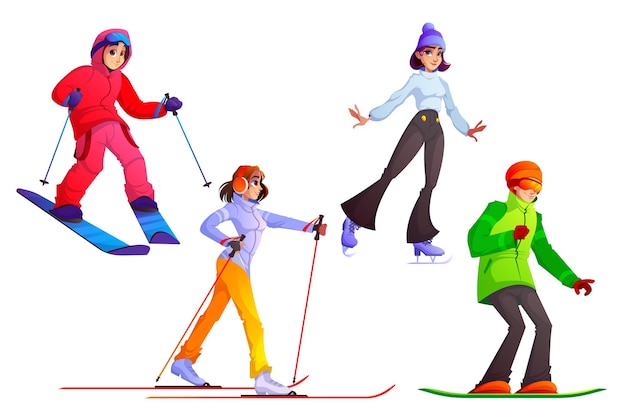Personas con esquí, snowboard y patines.