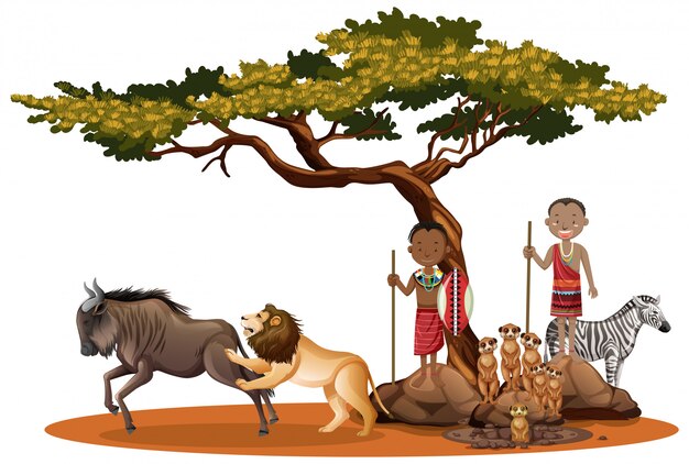 Personas étnicas de tribus africanas y animales salvajes.