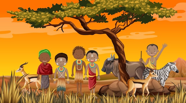 Vector gratuito personas étnicas de tribus africanas en vestimentas tradicionales en el fondo de la naturaleza