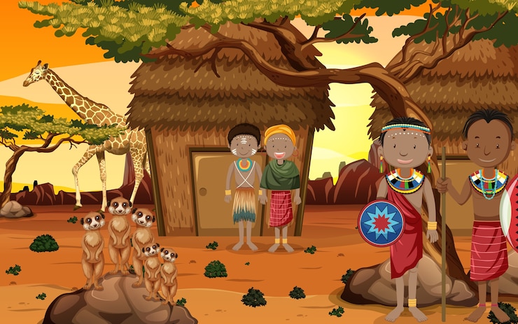 Vector gratuito personas étnicas de tribus africanas en vestimentas tradicionales en el fondo de la naturaleza