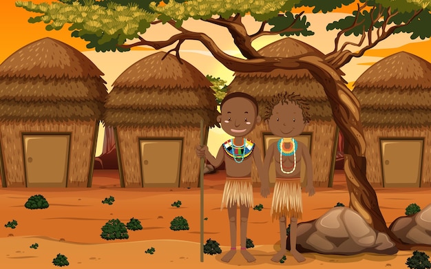 Personas étnicas de tribus africanas en vestimentas tradicionales en la naturaleza