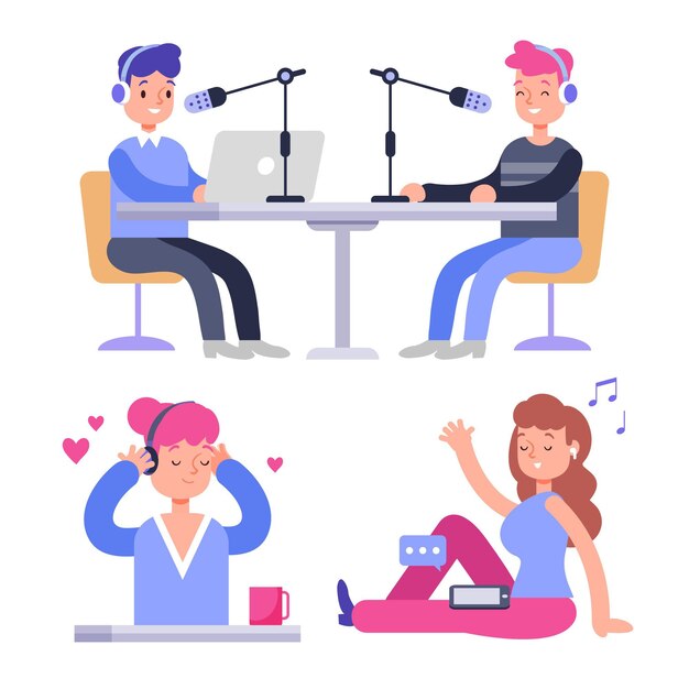 Personas grabando y escuchando podcasts.