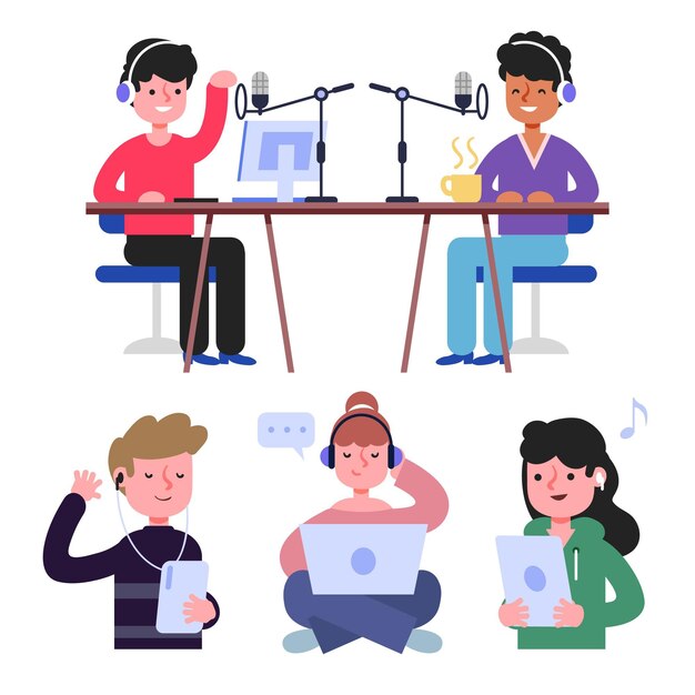 Personas grabando y escuchando podcasts.