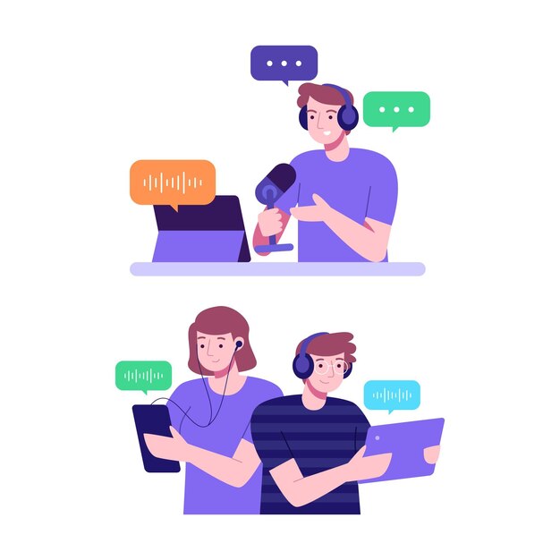 Personas grabando y escuchando podcasts.