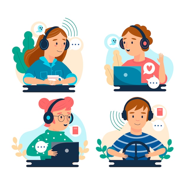 Vector gratuito personas grabando y escuchando podcasts.