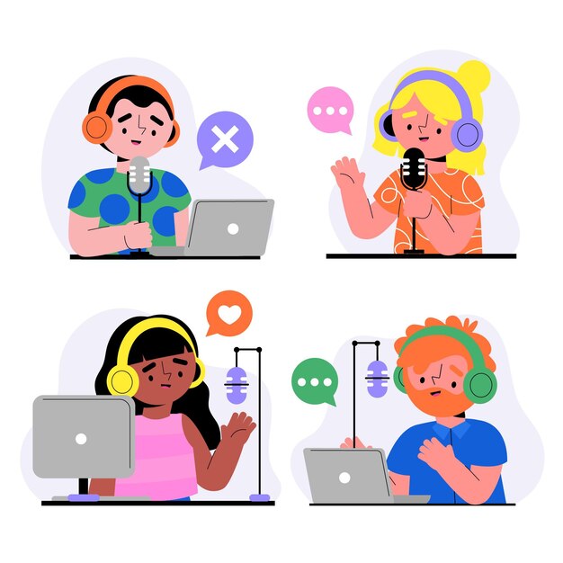 Personas grabando y escuchando podcasts.