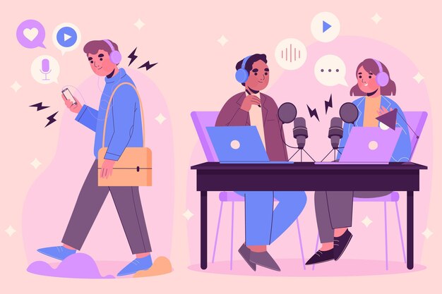 Personas grabando y escuchando podcasts