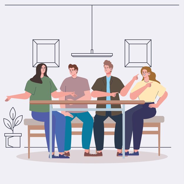 personas hablando en la escena de la mesa