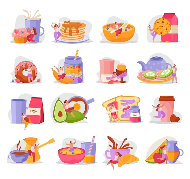 Las personas con un icono plano de desayuno con hombres y mujeres se sientan con cucharas saltando y teniendo ilustraciones vectoriales