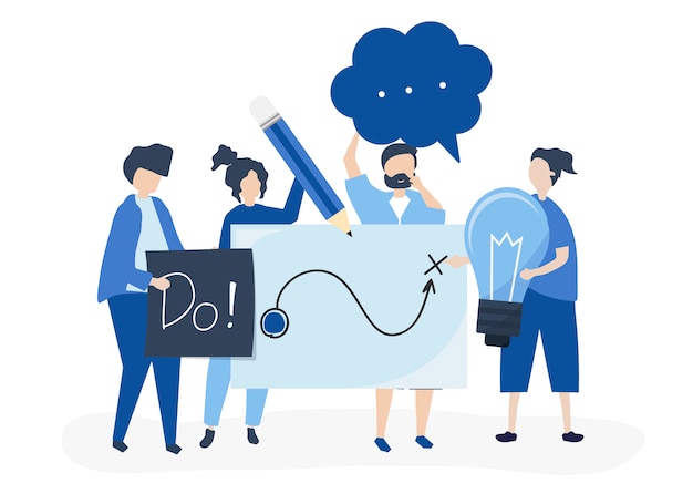 Personas con iconos de ideas creativas