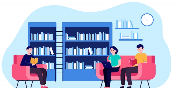 Vector gratuito personas en la ilustración de vector plano de biblioteca