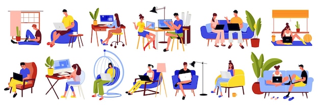 Las personas independientes trabajan un conjunto de íconos e imágenes aislados de muebles y personas que trabajan con computadoras ilustraciones vectoriales