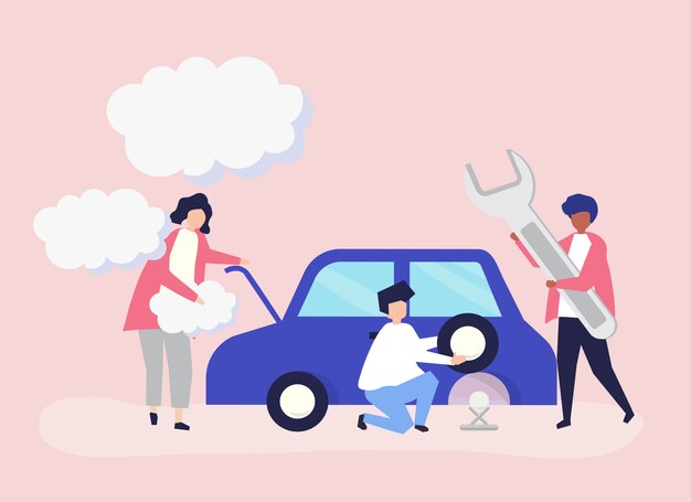 Personas intercambiando un neumático de coche.