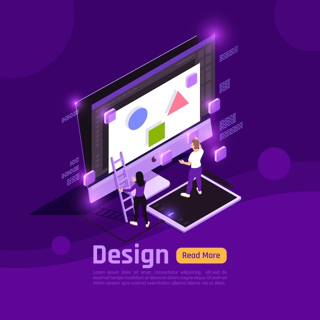 Vector gratuito las personas y las interfaces de colores isométricos brillan con el titular de diseño de banner y la ilustración de vector de tema