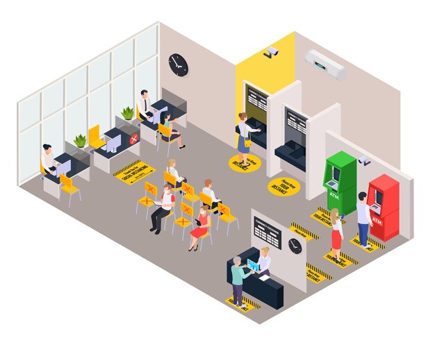 Personas en el interior del banco con marcado para el fondo isométrico de distanciamiento social