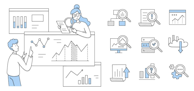 Vector gratuito las personas investigan análisis en el tablero con gráficos y tablas. iconos de fideos vectoriales de análisis estadístico, trabajo con base de datos e informe de información con diagramas y lupa