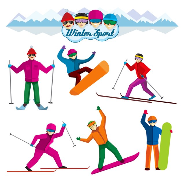 Personas involucradas en deportes de invierno. Mujer y hombre de vacaciones, esquiador y ocio, ilustración de recreación extrema. Caracteres vectoriales en estilo plano