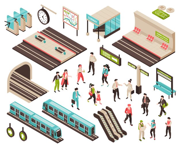 Personas isométricas del metro con personajes aislados de pasajeros en espera de plataformas de trenes y escaleras mecánicas