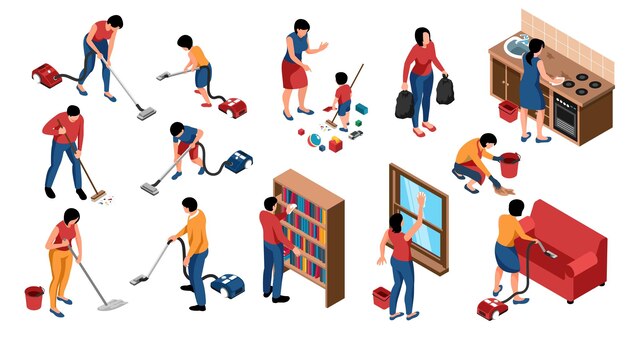Personas isométricas que limpian el hogar con íconos aislados, personajes de miembros de la familia que limpian la ilustración del vector del apartamento