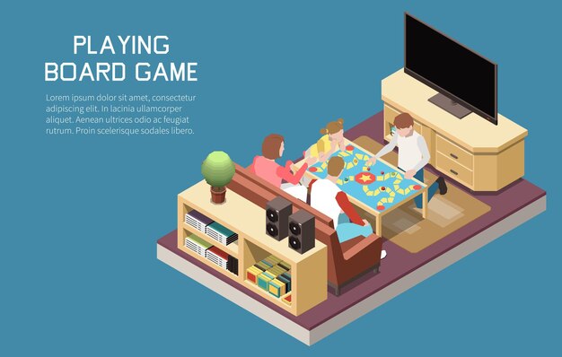 Personas jugando composición isométrica de juegos de mesa con un conjunto de imágenes de interior juego de equipo