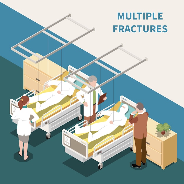 Personas lesionadas con múltiples fracturas en el hospital ilustración isométrica 3d