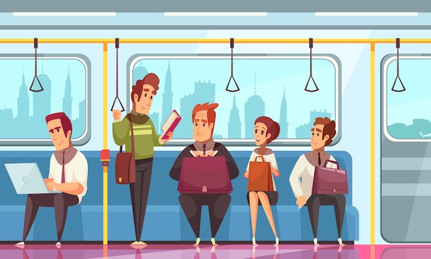 Personas leyendo libros en metro con símbolos de transporte planos