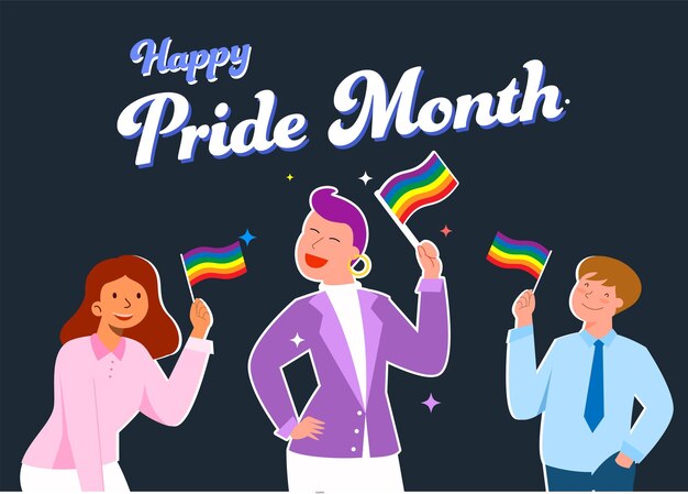 Personas LGBTQ sosteniendo banderas del arco iris para el mes del orgullo