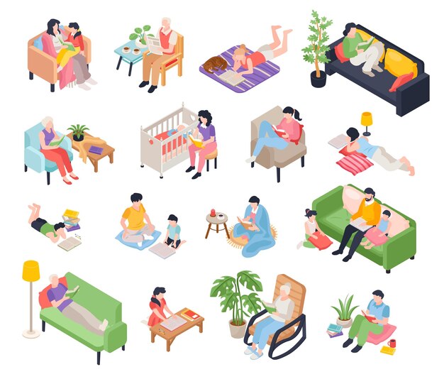 Personas de libros de lectura isométrica con íconos aislados de elementos interiores con personajes humanos y libros de ilustración vectorial