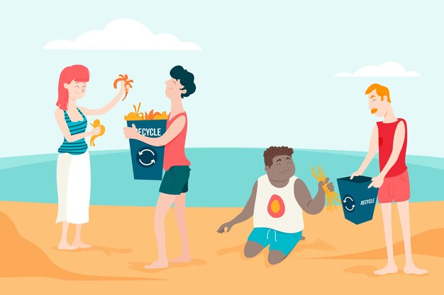 Personas a la luz del día limpiando la arena de la playa