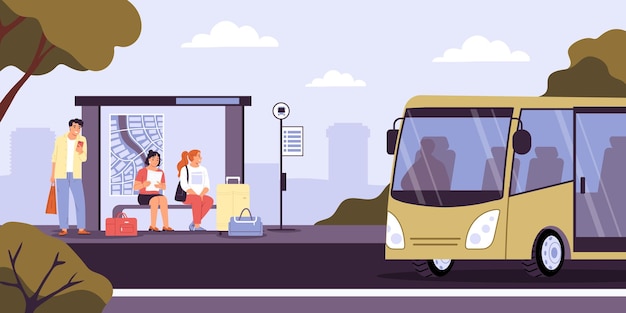 Vector gratuito personas con maletas esperando el autobús en una parada cómoda ilustración vectorial plana