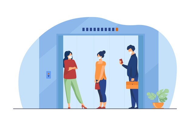 Personas con máscaras en la cabina del ascensor. Mantener la distancia, el espacio público, el transporte ilustración vectorial plana. Epidemia, seguridad, virus