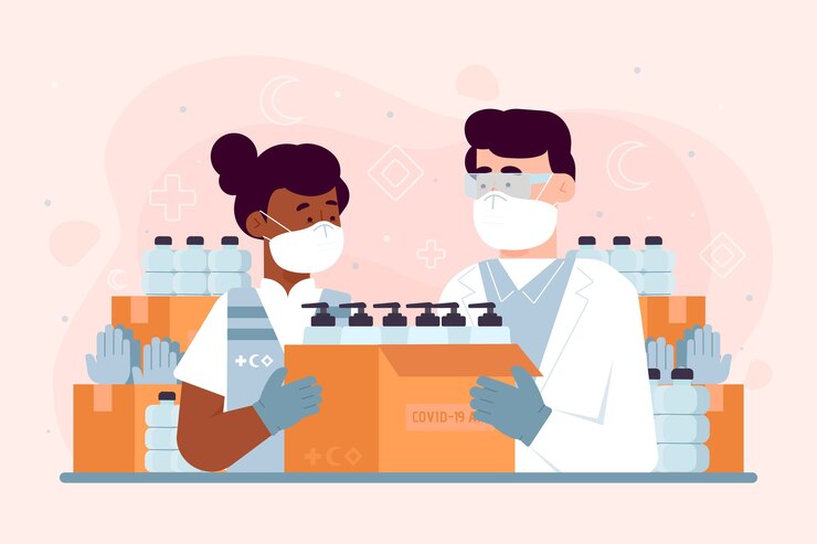 Vector gratuito personas con máscaras y desinfectante para manos