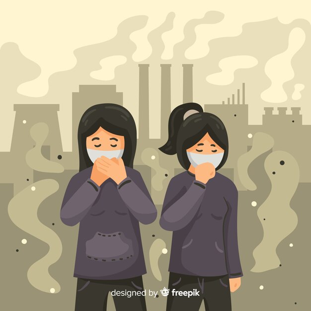 Personas con mascarilla en una ciudad industrial