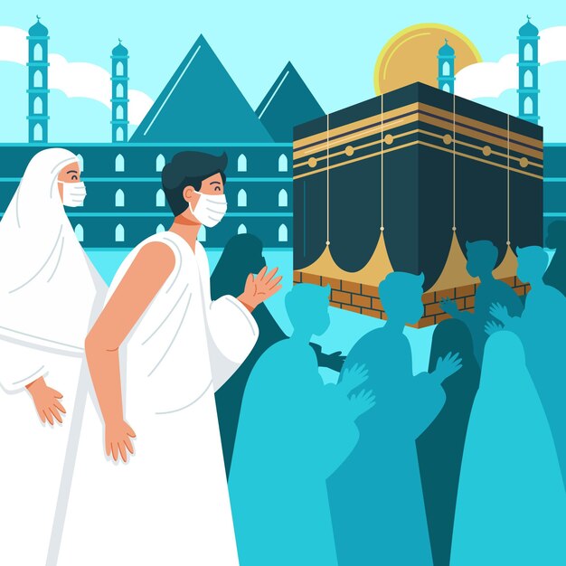 Personas con mascarilla en la ilustración de peregrinación hajj