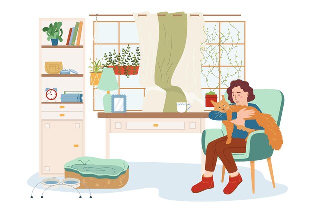 Personas con mascotas exóticas composición plana de un paisaje de sala de estar aislado con una mujer sentada sosteniendo una ilustración vectorial de lince