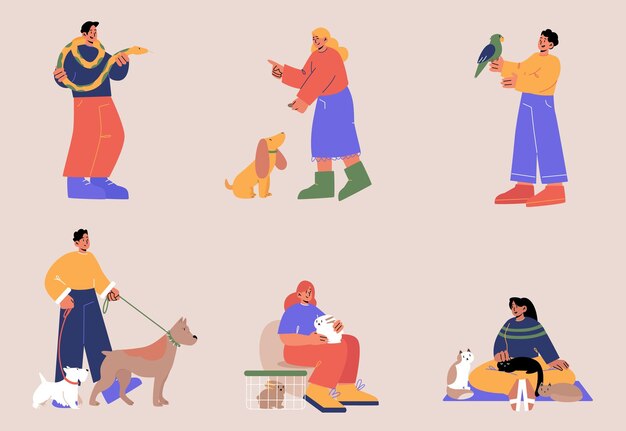 Personas con mascotas personajes y animales aislados.