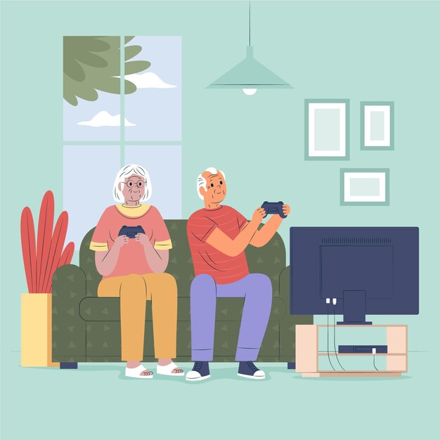 Personas mayores dibujadas a mano plana con ilustración de tecnología
