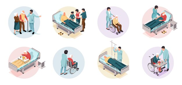 Personas mayores en el hospital composiciones redondas isométricas aisladas en ilustración vectorial de fondo blanco