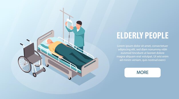 Personas mayores en el hospital pancarta horizontal con un hombre mayor en la cama recibiendo tratamiento ilustración vectorial isométrica 3D