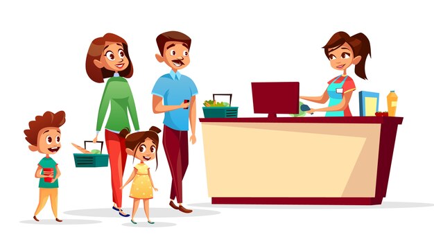 Personas en el mostrador de salida de la familia con niños en supermercado con contador de compras