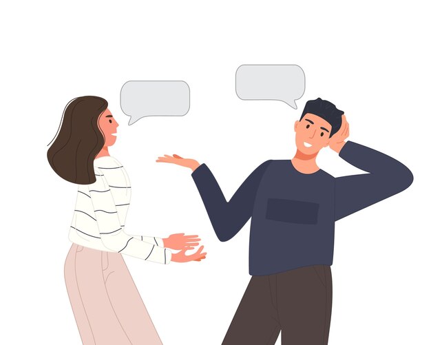 Personas multiétnicas hablando o discutiendo redes sociales. Dos amigos hombres y mujeres hablando parejas con bocadillos. Concepto de diálogo de personajes.
