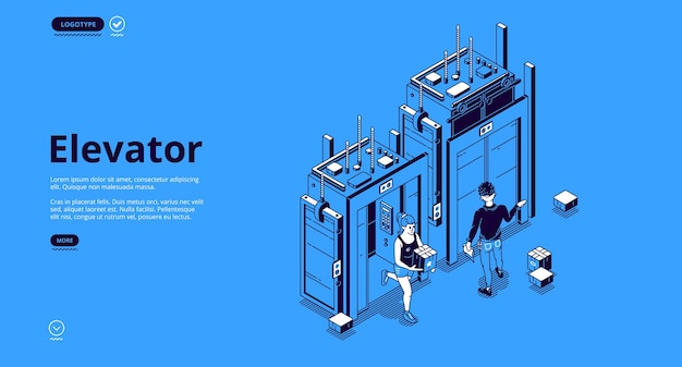 Personas en la página de inicio isométrica del ascensor