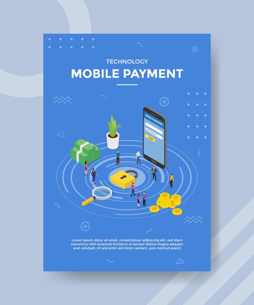 Personas de pago móvil de tecnología de pie cerca de teléfono inteligente de dinero de candado para plantilla de banner