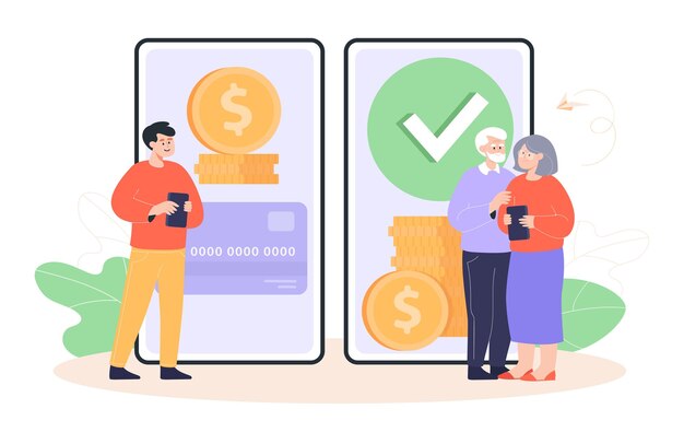 Personas paradas cerca de un teléfono enorme con una aplicación bancaria en la pantalla. Hombre joven o hijo transfiriendo dinero a padres ancianos usando teléfonos inteligentes e ilustraciones de vectores planos de Internet. Ayuda, concepto de ayuda financiera