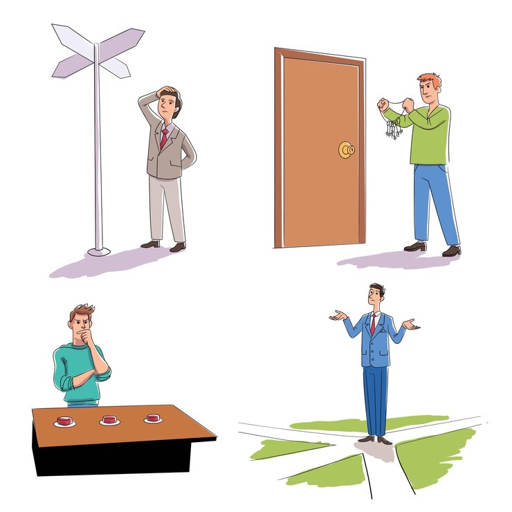 Vector gratuito personas pensativas toman decisiones concepto de elección hombre desconcertado de pie cerca de la señal de tráfico o cruce de peatones eligiendo el tipo cerca de la puerta en busca de la llave correcta joven adivinando dónde sorpresa